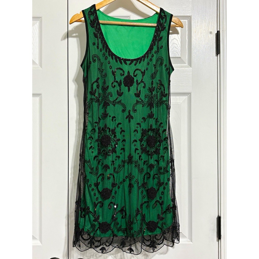 Rise Green Black Floral Beaded Embroidered Mesh Scoop Neck Shift Dress Size 10